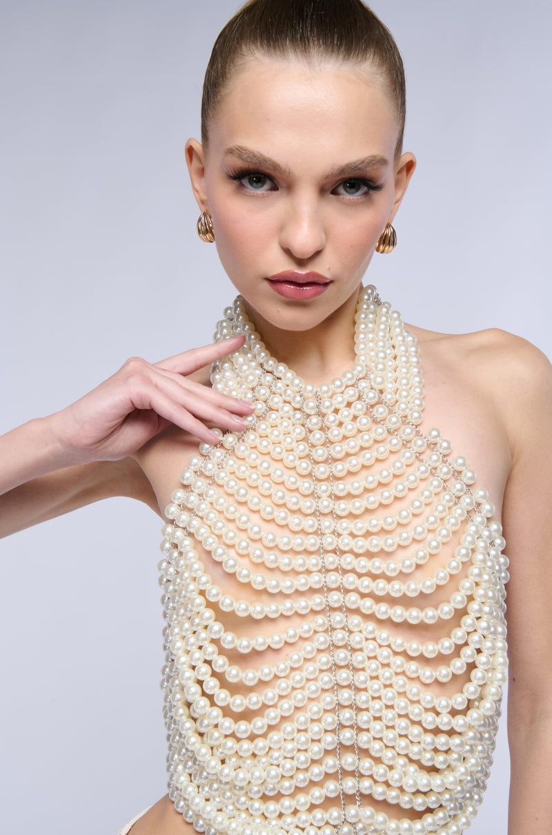 DRAMATIC HIGH COLLAR PEARL TOP