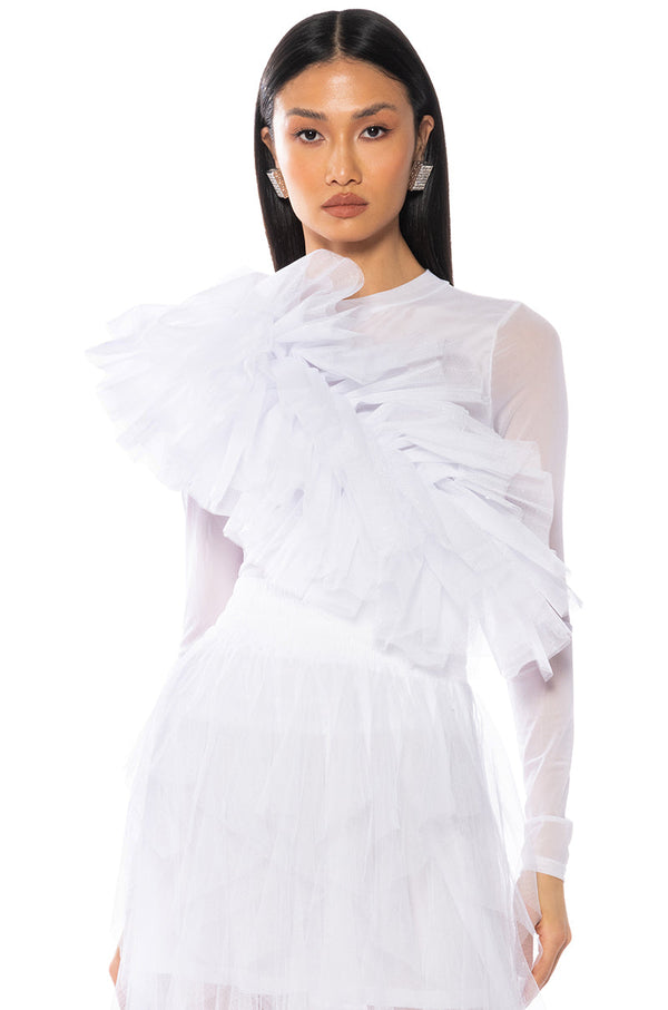 DRAMATIC RUFFLE DETAIL MESH LONG SLEEVE TOP