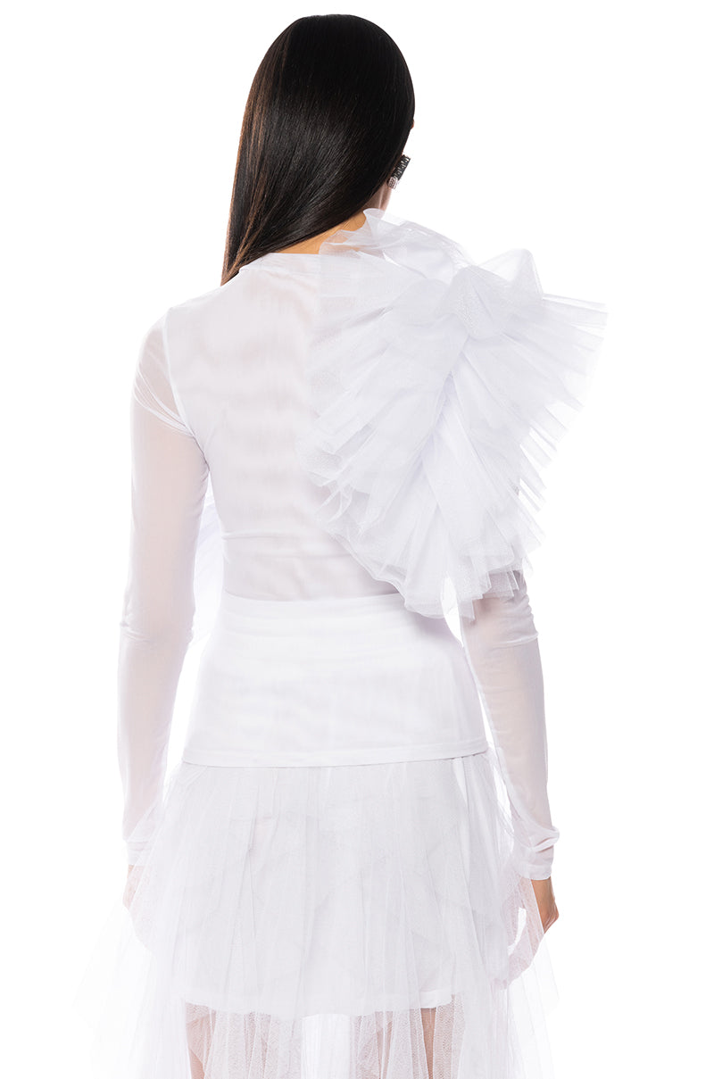 DRAMATIC RUFFLE DETAIL MESH LONG SLEEVE TOP