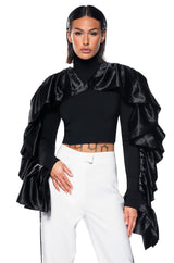 DRAMATIC RUFFLE SLEEVE MOCK NECK TOP