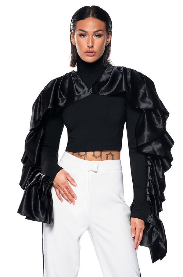 DRAMATIC RUFFLE SLEEVE MOCK NECK TOP