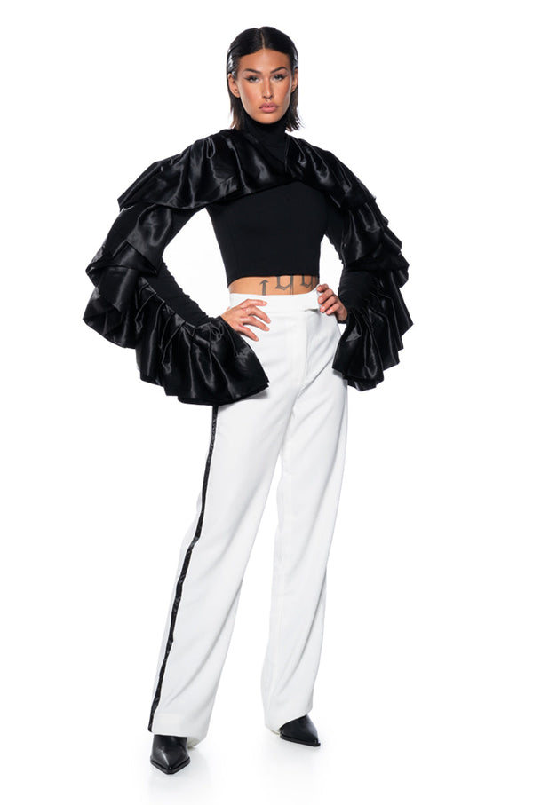 DRAMATIC RUFFLE SLEEVE MOCK NECK TOP
