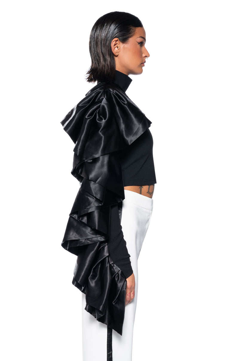 DRAMATIC RUFFLE SLEEVE MOCK NECK TOP