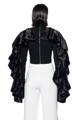 DRAMATIC RUFFLE SLEEVE MOCK NECK TOP