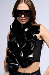 DREAM BIG FAUX LEATHER FLOUNCE TOP IN BLACK