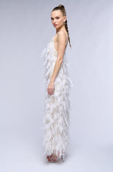 DREAM GIRL FEATHER EMBELLISHED MAXI DRESS