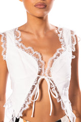DREAMY TIE FRONT LACE DETAIL SLEEVELESS BLOUSE