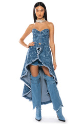 DUSK TIL DAWN PRINTED DENIM CORSET BLOUSE