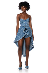 DUSK TIL DAWN PRINTED DENIM CORSET BLOUSE