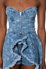 DUSK TIL DAWN PRINTED DENIM CORSET BLOUSE