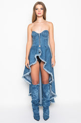 DUSK TILL DAWN DISTRESSED DENIM CORSET BLOUSE