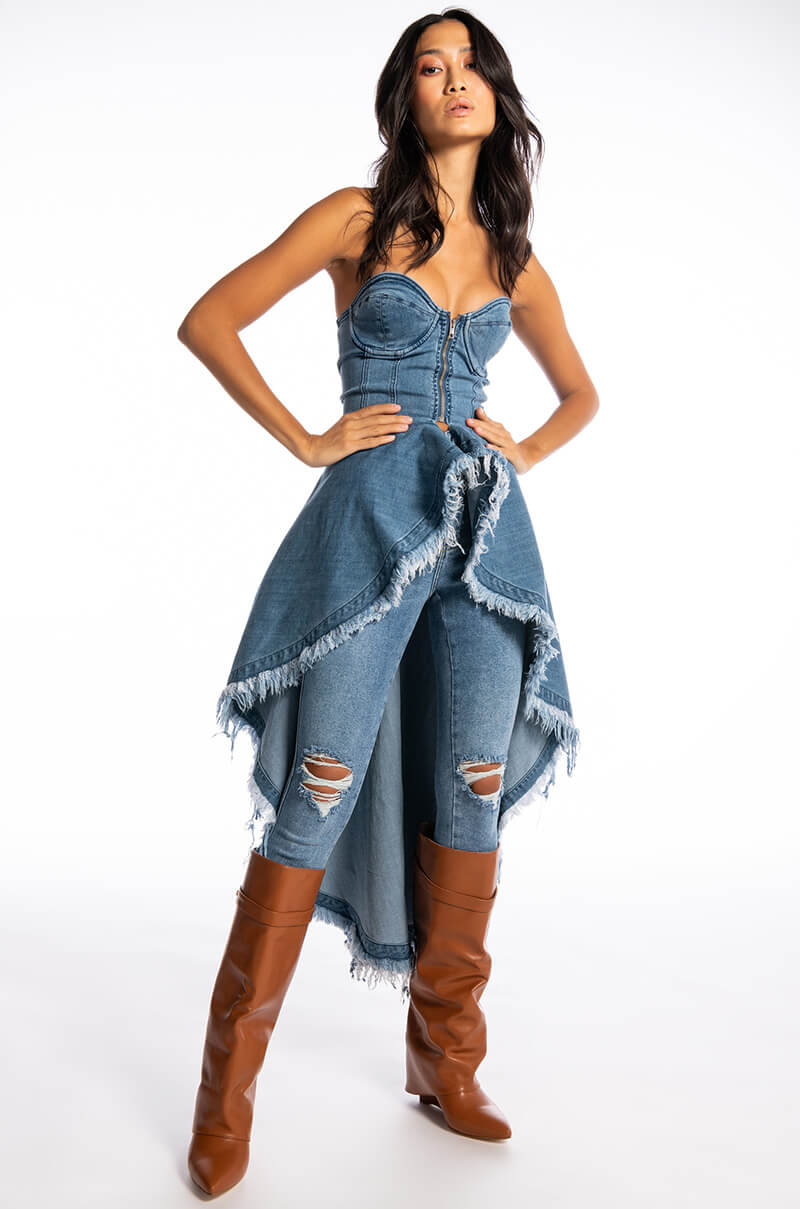 DUSK TILL DAWN DISTRESSED DENIM CORSET BLOUSE
