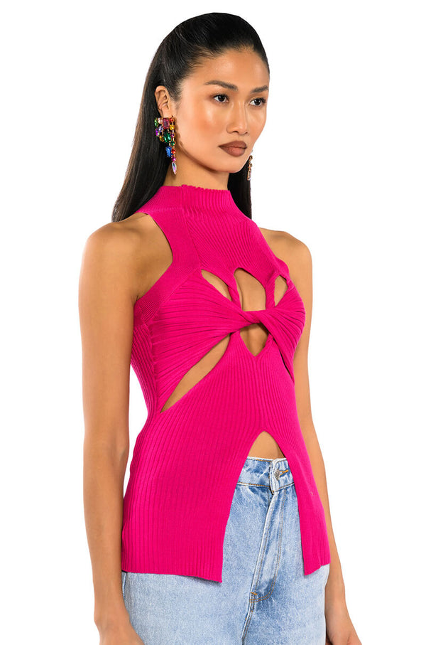 DYNAMITE MOCK NECK TWIST DETAIL SLEEVELESS KNIT TOP