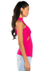 DYNAMITE MOCK NECK TWIST DETAIL SLEEVELESS KNIT TOP