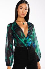 EARTH SIGN LONG SLEEVE SURPLICE CHIFFON CHEEKY BODYSUIT