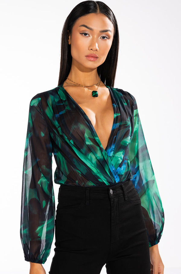 EARTH SIGN LONG SLEEVE SURPLICE CHIFFON CHEEKY BODYSUIT
