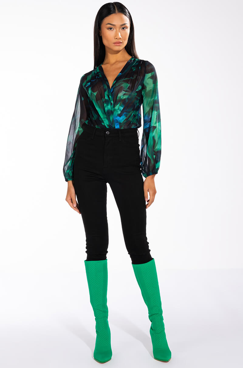 EARTH SIGN LONG SLEEVE SURPLICE CHIFFON CHEEKY BODYSUIT