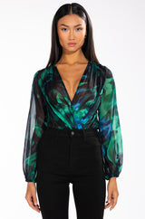 EARTH SIGN LONG SLEEVE SURPLICE CHIFFON CHEEKY BODYSUIT