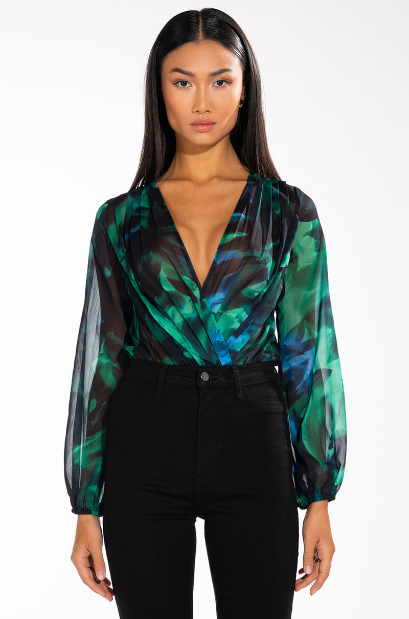EARTH SIGN LONG SLEEVE SURPLICE CHIFFON CHEEKY BODYSUIT
