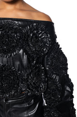 EASY FAUX LEATHER OFF THE SHOULDER SWEATSHIRT