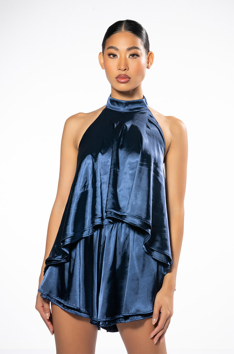 EASY GOING HIGH LOW SATIN HALTERNECK TOP