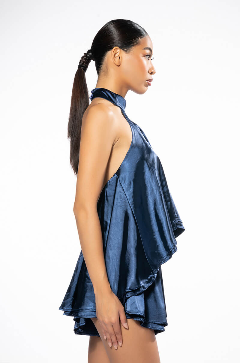 EASY GOING HIGH LOW SATIN HALTERNECK TOP