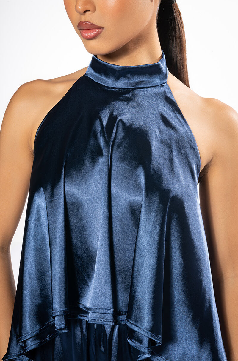 EASY GOING HIGH LOW SATIN HALTERNECK TOP