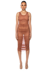 ECHO MESH RUCHED SLEEVELESS MIDI DRESS