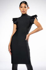 WINTOUR MOCK NECK RUFFLE SLEEVE MIDI DRESS