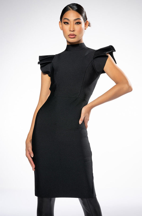 WINTOUR MOCK NECK RUFFLE SLEEVE MIDI DRESS