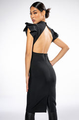 WINTOUR MOCK NECK RUFFLE SLEEVE MIDI DRESS