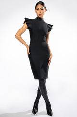 WINTOUR MOCK NECK RUFFLE SLEEVE MIDI DRESS