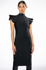 WINTOUR MOCK NECK RUFFLE SLEEVE MIDI DRESS