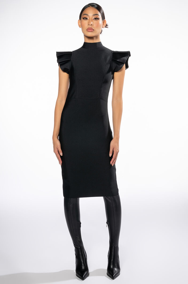 WINTOUR MOCK NECK RUFFLE SLEEVE MIDI DRESS