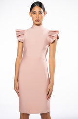 WINTOUR MOCK NECK RUFFLE SLEEVE MIDI DRESS