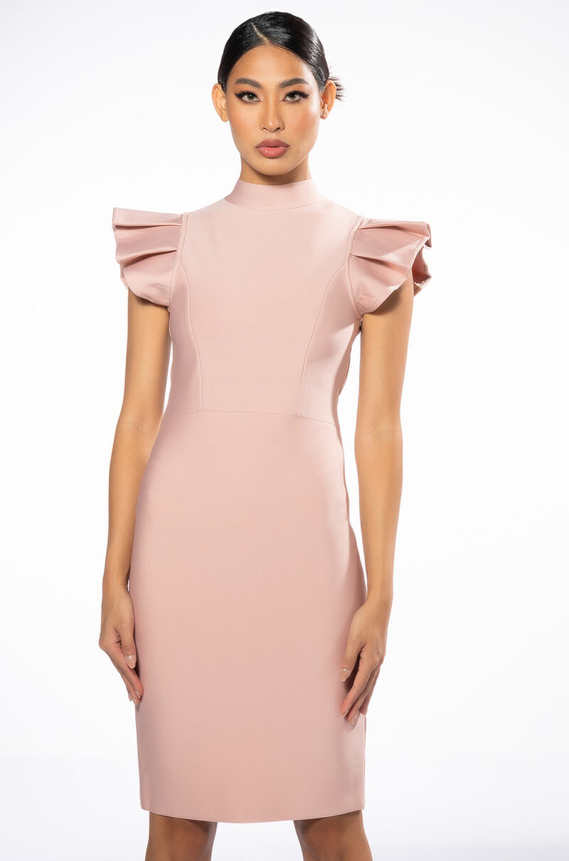 WINTOUR MOCK NECK RUFFLE SLEEVE MIDI DRESS