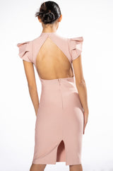 WINTOUR MOCK NECK RUFFLE SLEEVE MIDI DRESS