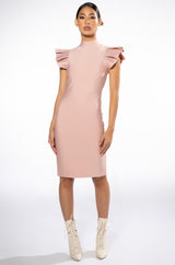 WINTOUR MOCK NECK RUFFLE SLEEVE MIDI DRESS