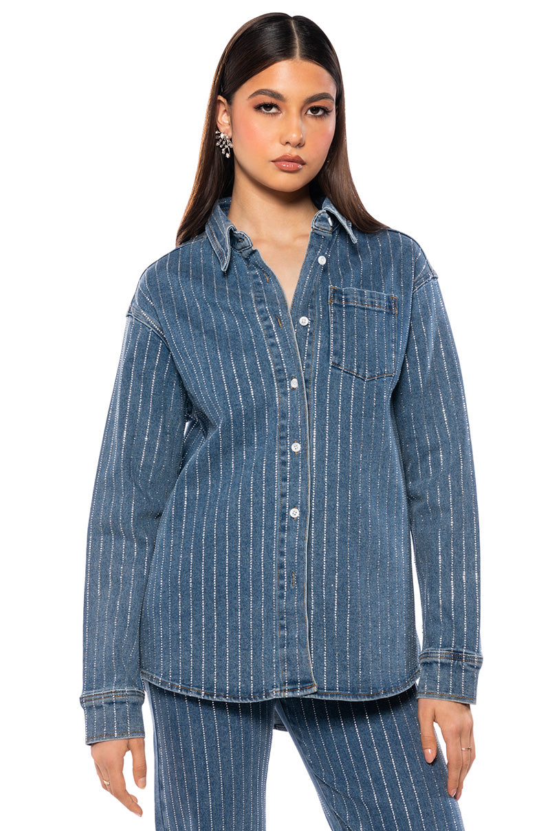 EFFORTLESS GLAM RHINESTONE STRIPE BUTTON DOWN SHIRT