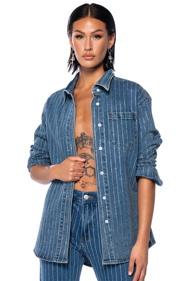 EFFORTLESS GLAM RHINESTONE STRIPE BUTTON DOWN SHIRT