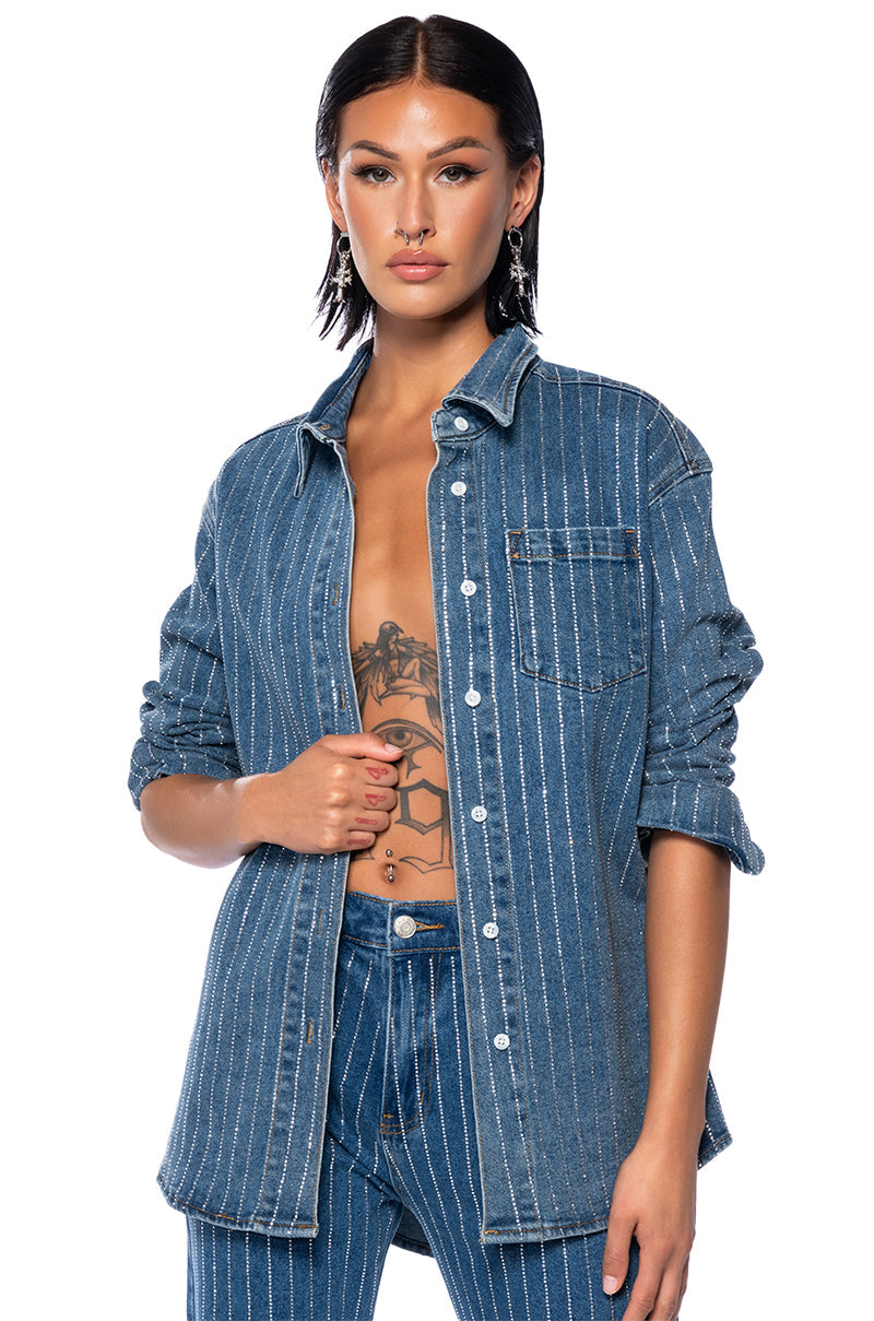 EFFORTLESS GLAM RHINESTONE STRIPE BUTTON DOWN SHIRT