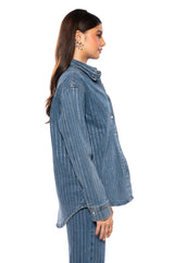 EFFORTLESS GLAM RHINESTONE STRIPE BUTTON DOWN SHIRT