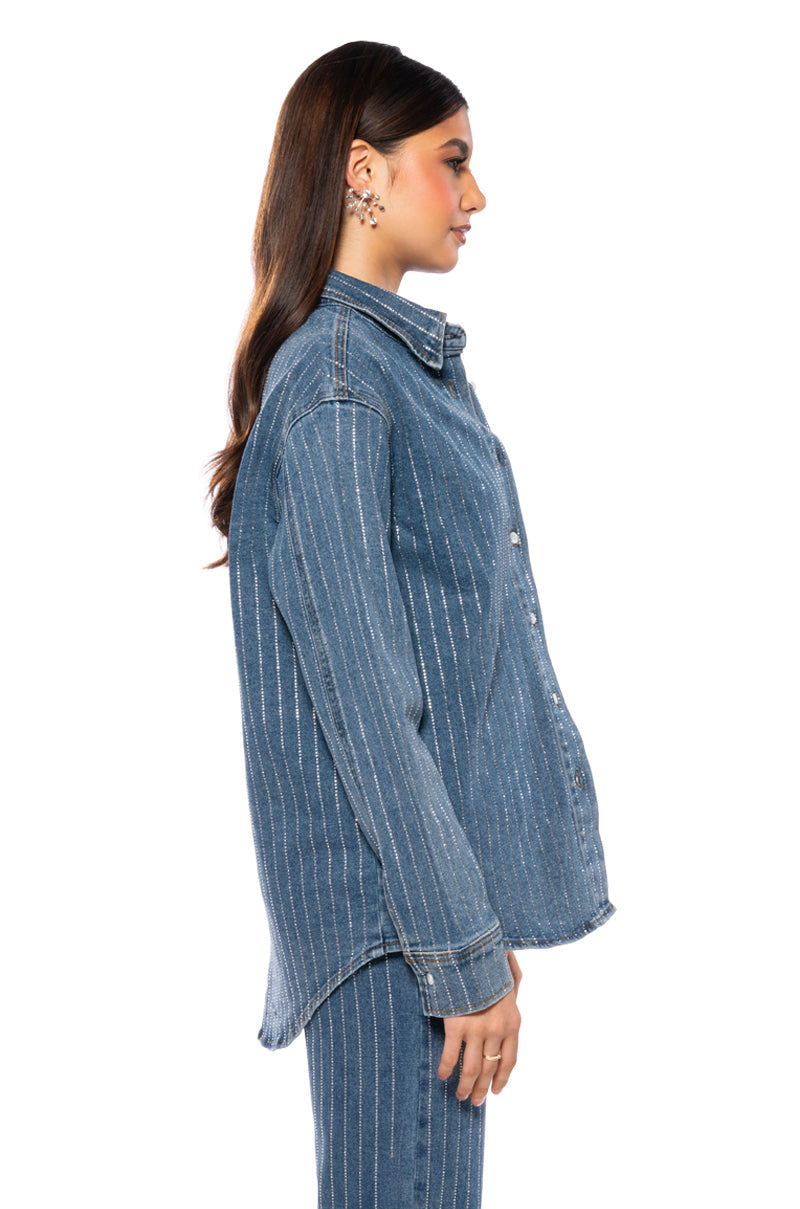 EFFORTLESS GLAM RHINESTONE STRIPE BUTTON DOWN SHIRT