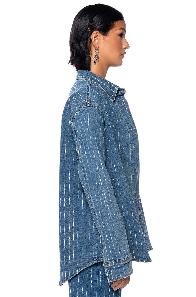 EFFORTLESS GLAM RHINESTONE STRIPE BUTTON DOWN SHIRT
