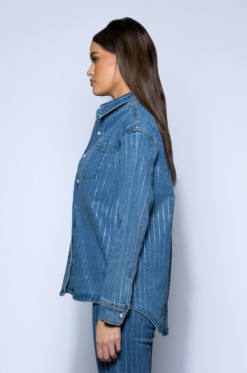 EFFORTLESS GLAM RHINESTONE STRIPE BUTTON DOWN SHIRT
