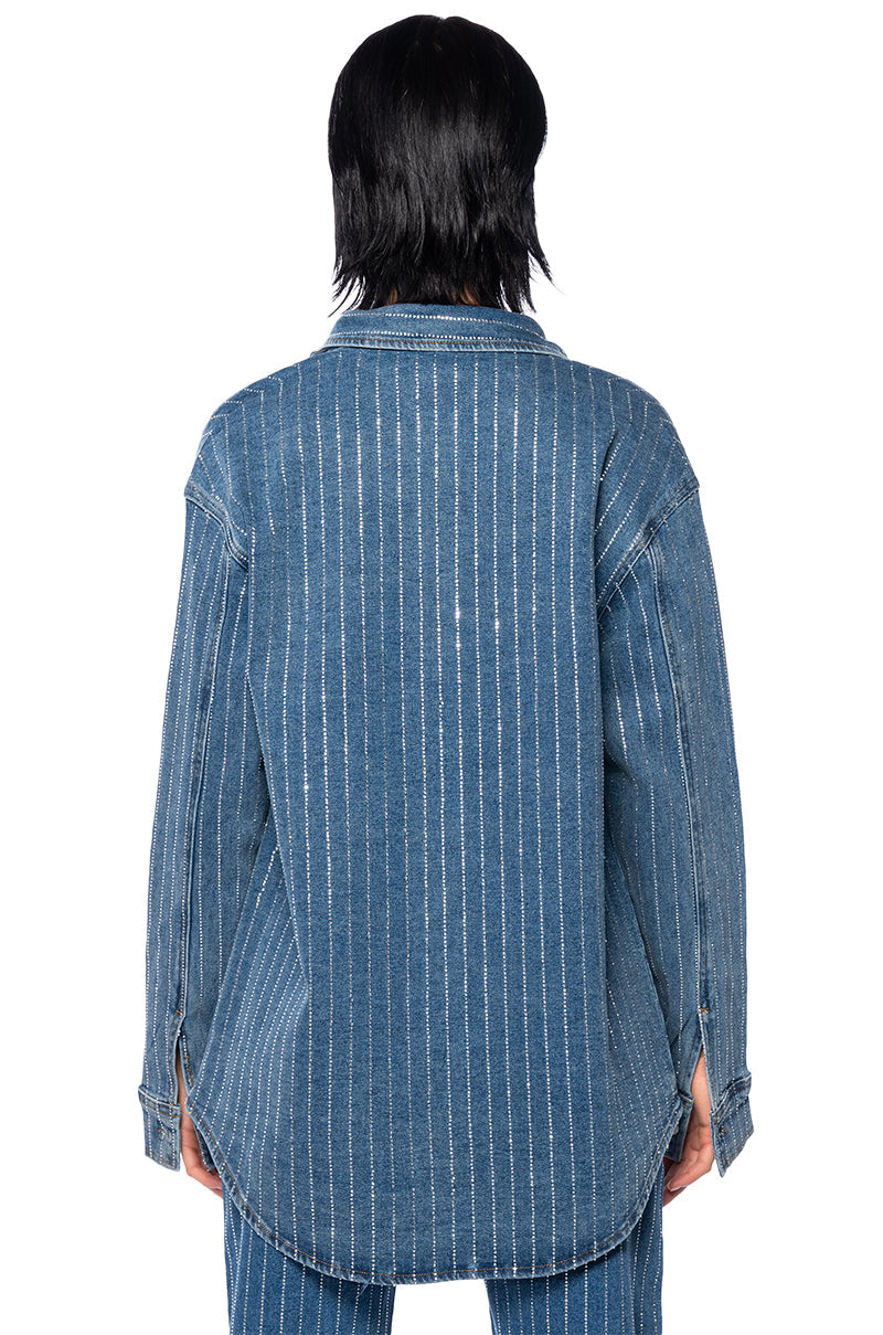 EFFORTLESS GLAM RHINESTONE STRIPE BUTTON DOWN SHIRT