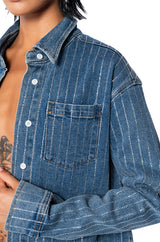 EFFORTLESS GLAM RHINESTONE STRIPE BUTTON DOWN SHIRT
