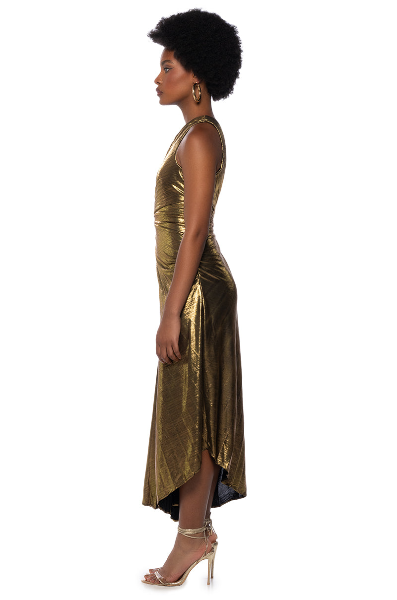 ELEVATE ME PLEATED CUT OUT METALLIC MIDI DRESS