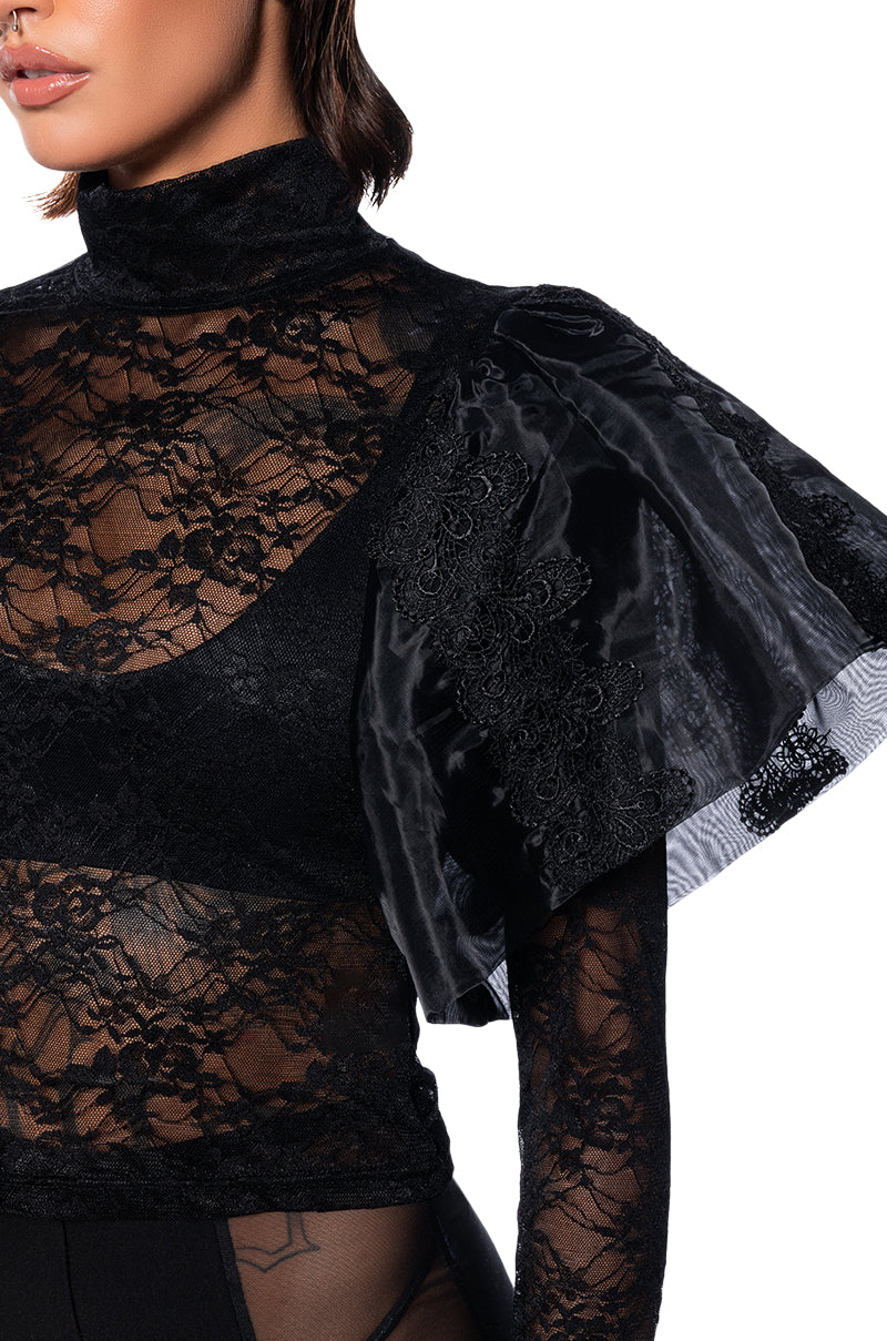 ELEVATE MY MIND FLOUNCE TULLE SHOULDER BLOUSE