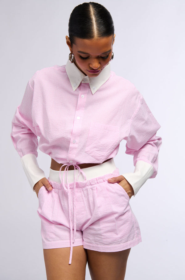 ELLA STRIPE TIE WAIST BUTTON DOWN BLOUSE